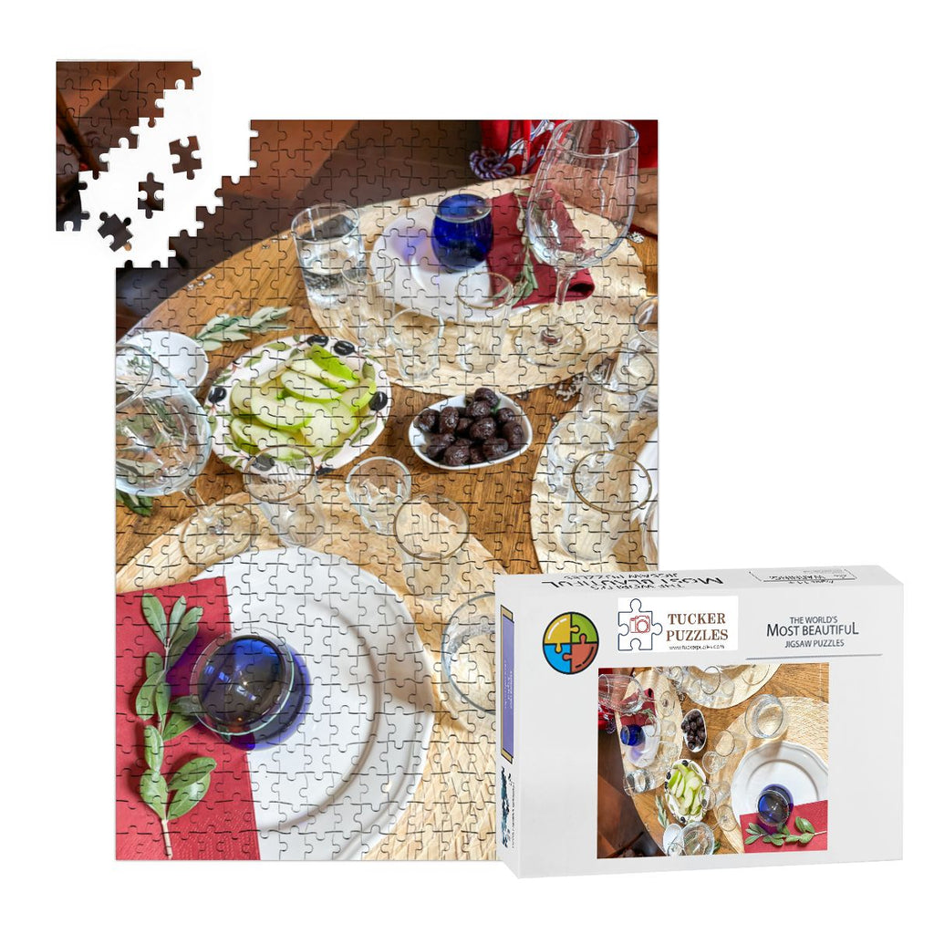 Wine Tasting Table Setting, Town of Sirince, Turkey; Wooden Jigsaw Puzzle 500 pcs (Vertical)