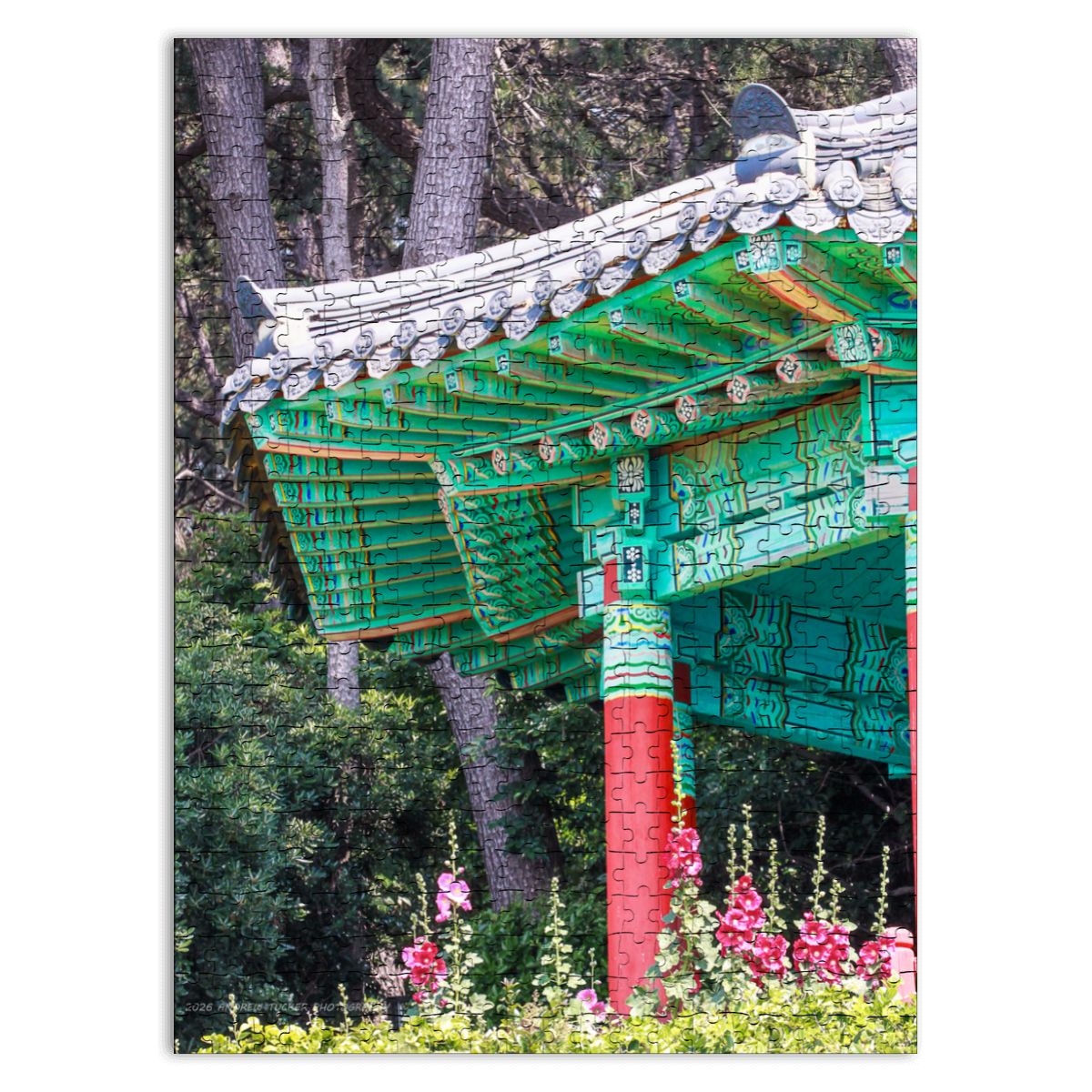 Traditional coastal pavilion located on Dongbaekseom Island, South Korea; Wooden Jigsaw Puzzles 500 pcs (Vertical)